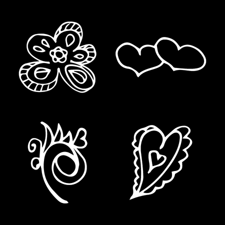 Flowers and hearts hand drawn doodle collection isolated on black background. 4 floral graphic elements. Big vector set. Outline collection.のイラスト素材