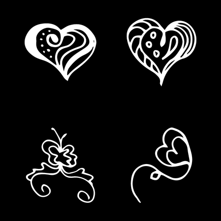 Flowers and hearts hand drawn doodle collection isolated on black background. 4 floral graphic elements. Big vector set. Outline collection.のイラスト素材