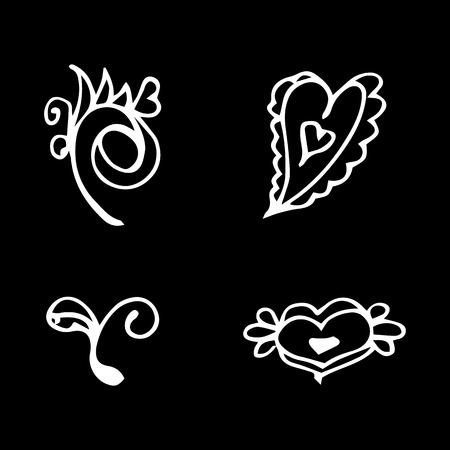Flowers and hearts hand drawn doodle collection isolated on black background. 4 floral graphic elements. Big vector set. Outline collection.のイラスト素材