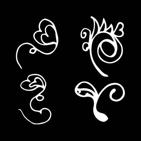 Flowers and hearts hand drawn doodle collection isolated on black background. 4 floral graphic elements. Big vector set. Outline collection.のイラスト素材
