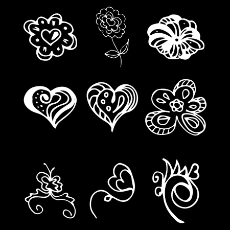 Flowers and hearts hand drawn doodle collection isolated on black background. 6 floral graphic elements. Big vector set. Outline collection.のイラスト素材