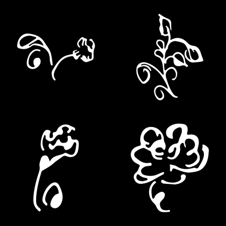 Flowers and branches hand drawn doodle collection isolated on black background. 4 floral graphic elements. Big vector set. Outline collection.のイラスト素材