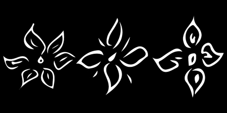 Three abstract wildflowers isolated on black background. Hand Drawn vector illustration. Wildflowers collection. Outline set.のイラスト素材