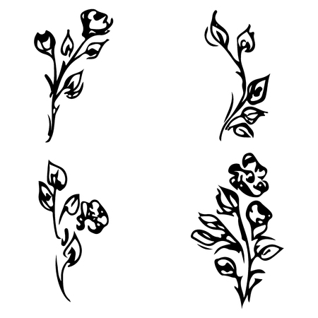 Flowers and branches isolated on white background. Hand drawn doodle collection. 4 floral graphic elements.のイラスト素材