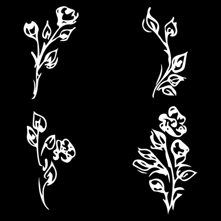 Flowers and branches isolated on black background. Hand drawn doodle collection. 4 floral graphic elements.のイラスト素材