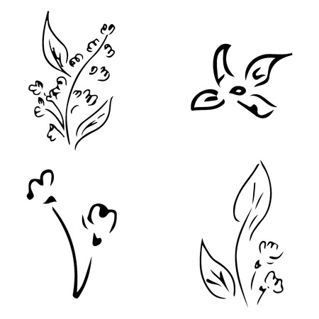 Flowers and branches isolated on white background. Hand drawn doodle collection. 4 floral graphic elements. Big vector set. Outline icons.のイラスト素材