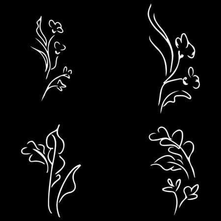 Flowers and branches isolated on white background. Hand drawn doodle collection. 4 floral graphic elements. Big vector set. Outline icons.のイラスト素材