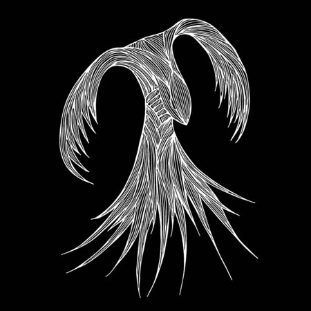 Phoenix Fire bird illustration and character design. Phoenix fire bird isolated on black background. Japanese animal tattoo design. Hand drawn outline vector illustration.のイラスト素材