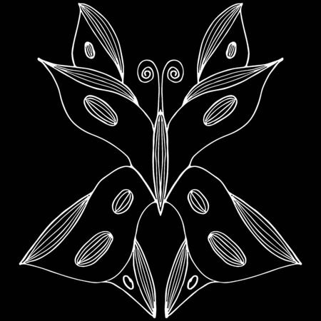 Abstract vector illustration of hand drawn butterfly isolated on black background. Ink drawing, graphic style. Outline butterfly icon.のイラスト素材