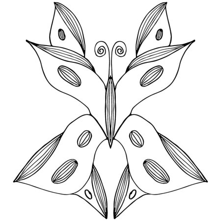 Abstract vector illustration of hand drawn butterfly isolated on white background. Ink drawing, graphic style. Outline butterfly icon.のイラスト素材