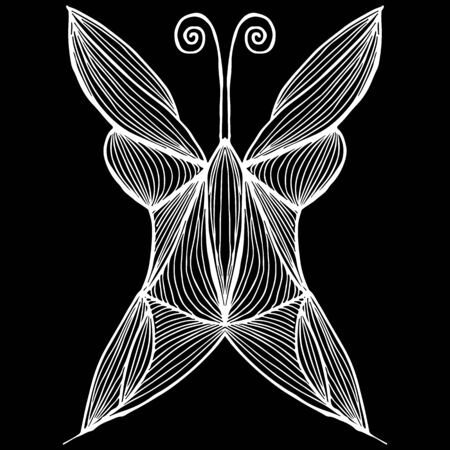 Abstract vector illustration of hand drawn butterfly isolated on black background. Ink drawing, graphic style. Outline butterfly.のイラスト素材