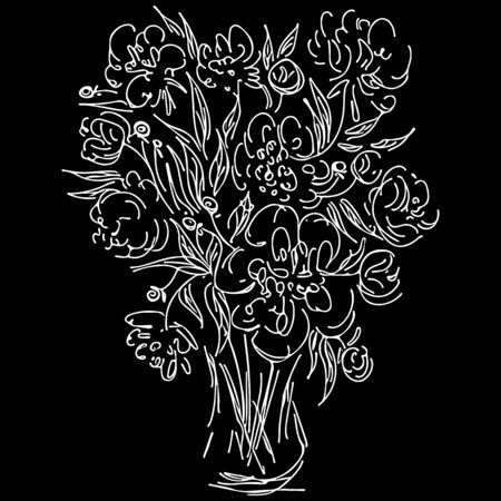 Abstract wild flowers bouquet isolated on black background. Hand drawn vector illustration. Outline icon.のイラスト素材