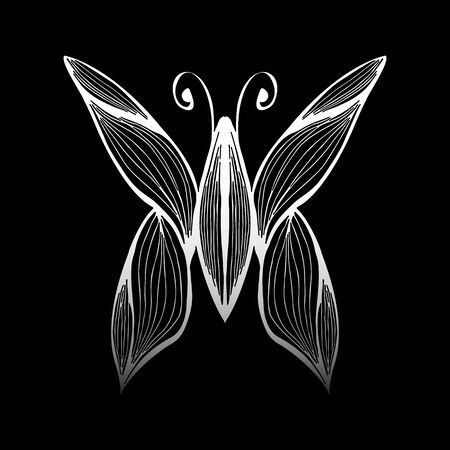 Abstract  illustration of hand drawn butterfly isolated on black background. Ink drawing, graphic style. Sketch.の写真素材