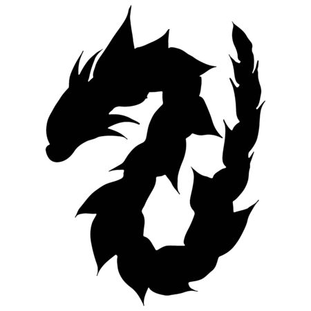 Hand drawn vector dragon silhouette isolated on white background. Fantastic dragon icon. Freehand mythology aminal. Fantasy outline illustration.のイラスト素材