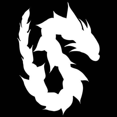 Hand drawn vector dragon silhouette isolated on black background. Fantastic dragon icon. Freehand mythology aminal. Fantasy outline illustration.のイラスト素材