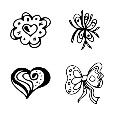Flowers and hearts hand drawn doodle collection isolated on white background. 4 floral graphic elements. Big  set. Outline collection.の写真素材