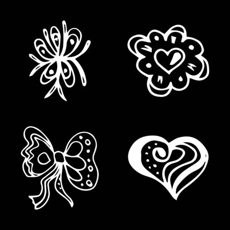 Flowers and hearts hand drawn doodle collection isolated on black background. 4 floral graphic elements. Big  set. Outline collection.の写真素材