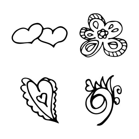 Flowers and hearts hand drawn doodle collection isolated on white background. 4 floral graphic elements. Big  set. Outline collection.の写真素材