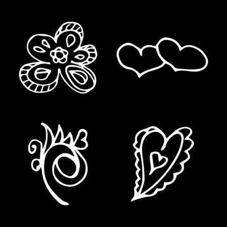 Flowers and hearts hand drawn doodle collection isolated on black background. 4 floral graphic elements. Big  set. Outline collection.の写真素材