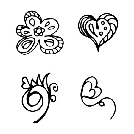 Flowers and hearts hand drawn doodle collection isolated on white background. 4 floral graphic elements. Big  set. Outline collection.の写真素材