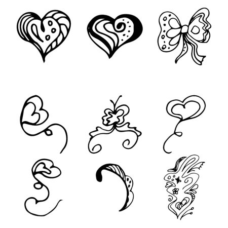 Flowers and hearts hand drawn doodle collection isolated on white background. 6 floral graphic elements. Big  set. Outline collection.の写真素材