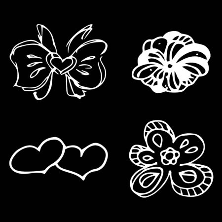 Flowers and hearts hand drawn doodle collection isolated on black background. 4 floral graphic elements. Big  set. Outline collection.の写真素材