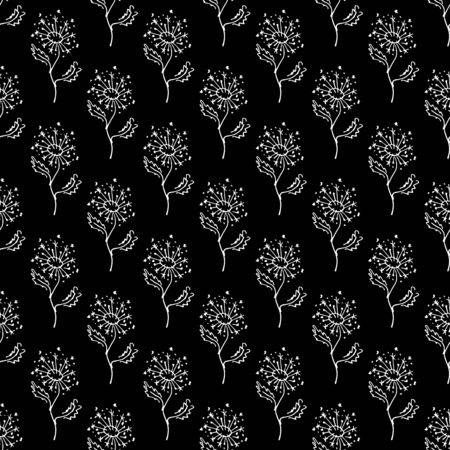 Seamless hand drawn pattern of abstract dandelion flowers isolated on black background. Vector floral illustration. Cute doodle modern isolated pop art elements. Outline.のイラスト素材