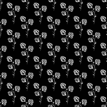 Seamless hand drawn pattern of abstract blackberry isolated on black background. Vector floral illustration. Cute doodle modern isolated pop art elements. Outline.のイラスト素材
