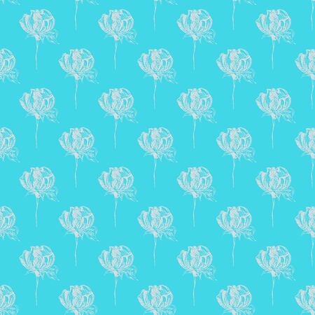 Seamless hand drawn pattern of abstract rose flowers isolated on blue background. Vector floral illustration. Cute doodle modern isolated pop art elements. Outline.のイラスト素材