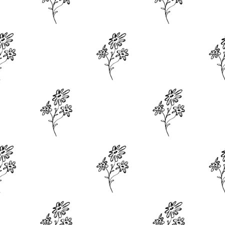 Seamless hand drawn pattern of abstract daisies flowers isolated on white background. Vector floral illustration. Cute doodle modern isolated pop art elements. Outline.のイラスト素材