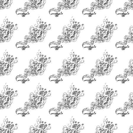 Seamless pattern of magic genies lamp isolated on white background. Set of seamless floral elements. Magic oil lamp line and solid icon, outline and filled vector sign. Hand drawn pattern. Outline.のイラスト素材