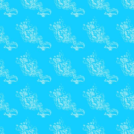 Seamless pattern of magic genies lamp isolated on blue background. Set of seamless floral elements. Magic oil lamp line and solid icon, outline and filled vector sign. Hand drawn pattern. Outline.のイラスト素材