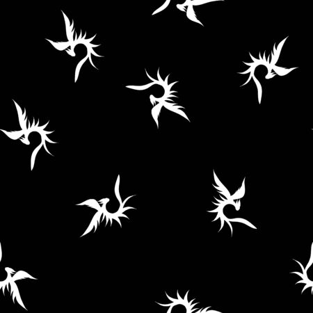 Seamless pattern of hand drawn vector dragon isolated on black background. Fantastic dragon icon. Freehand seamless silhouette of mythology aminal. Fantasy outline illustration.のイラスト素材