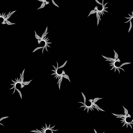 Seamless pattern of hand drawn vector dragon isolated on black background. Fantastic dragon icon. Freehand seamless silhouette of mythology aminal. Fantasy outline illustration.のイラスト素材
