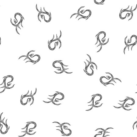 Seamless pattern of hand drawn vector dragon isolated on white background. Fantastic dragon icon. Freehand seamless silhouette of mythology aminal. Fantasy outline illustration.のイラスト素材