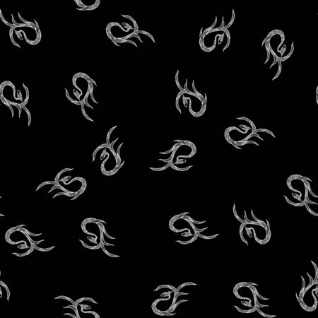 Seamless pattern of hand drawn vector dragon isolated on black background. Fantastic dragon icon. Freehand seamless silhouette of mythology aminal. Fantasy outline illustration.のイラスト素材