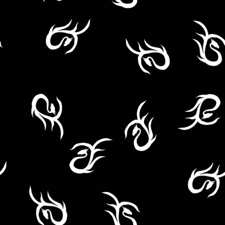 Seamless pattern of hand drawn vector dragon isolated on black background. Fantastic dragon icon. Freehand seamless silhouette of mythology aminal. Fantasy outline illustration.のイラスト素材
