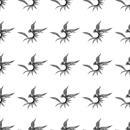 Seamless pattern of hand drawn vector dragon isolated on white background. Fantastic dragon icon. Freehand seamless silhouette of mythology aminal. Fantasy outline illustration.のイラスト素材