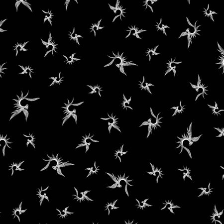 Seamless pattern of hand drawn vector dragon isolated on black background. Fantastic dragon icon. Freehand seamless silhouette of mythology aminal. Fantasy outline illustration.のイラスト素材