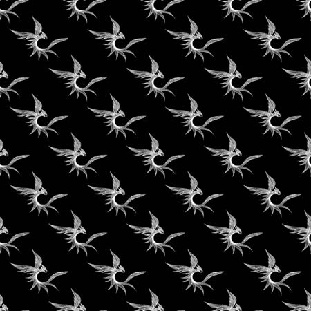 Seamless pattern of hand drawn vector dragon isolated on black background. Fantastic dragon icon. Freehand seamless silhouette of mythology aminal. Fantasy outline illustration.のイラスト素材