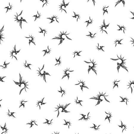 Seamless pattern of hand drawn vector dragon isolated on white background. Fantastic dragon icon. Freehand seamless silhouette of mythology aminal. Fantasy outline illustration.のイラスト素材