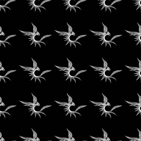 Seamless pattern of hand drawn vector dragon isolated on black background. Fantastic dragon icon. Freehand seamless silhouette of mythology aminal. Fantasy outline illustration.のイラスト素材