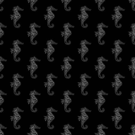 Seamless pattern of seahorses isolated on black background. Hand drawn seamless illustration. Outline.のイラスト素材