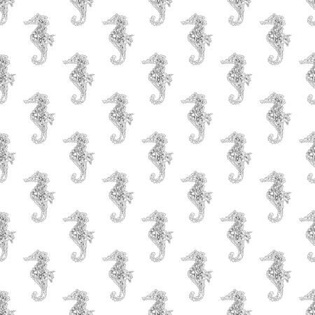 Seamless pattern of seahorses isolated on white background. Hand drawn seamless illustration. Outline.のイラスト素材