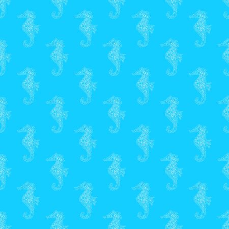Seamless pattern of seahorses isolated on blue background. Hand drawn seamless illustration. Outline.のイラスト素材
