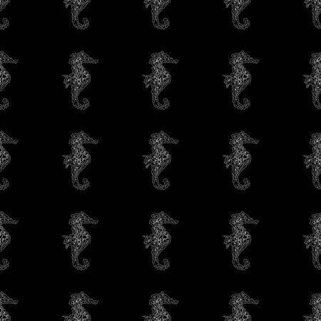 Seamless pattern of seahorses isolated on black background. Hand drawn seamless illustration. Outline.のイラスト素材