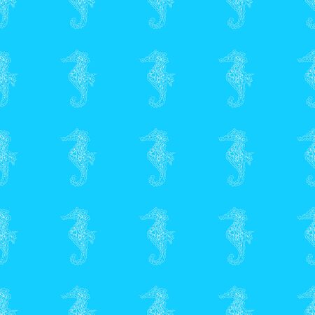 Seamless pattern of seahorses isolated on blue background. Hand drawn seamless illustration. Outline.のイラスト素材