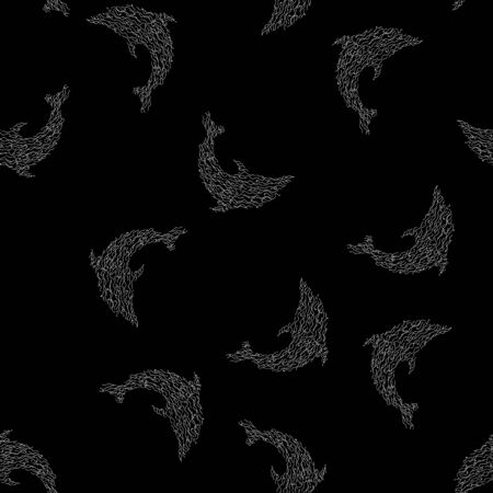 Seamless pattern of dolphins isolated on black background. Hand drawn seamless illustration. Outline.のイラスト素材