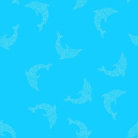 Seamless pattern of dolphins isolated on blue background. Hand drawn seamless illustration. Outline.のイラスト素材