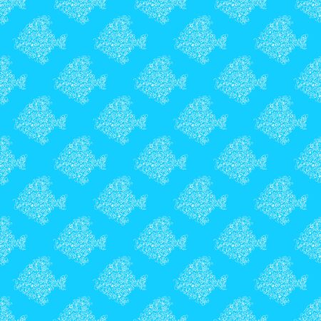 Seamless pattern of abstract sea fish isolated on blue background. Hand drawn seamless illustration. Outline.のイラスト素材